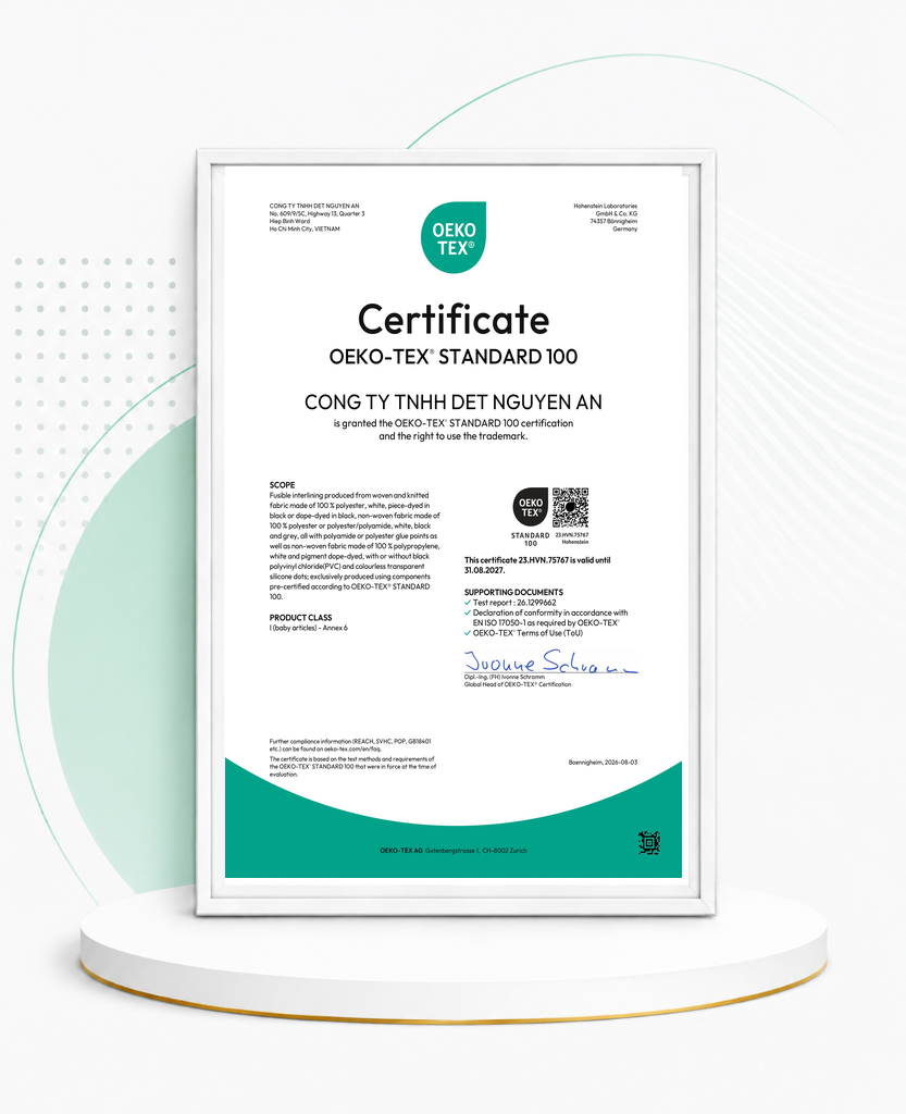 OEKO-TEX Standard 100 Certificate No. 23.HVN.75767 in Presentation Stand